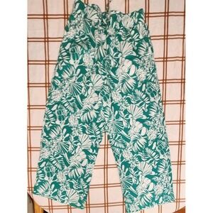 Nicole Miller 100% Linen Wide-Leg Crop Tropical Pants Elastic Waist Green Sz M‎